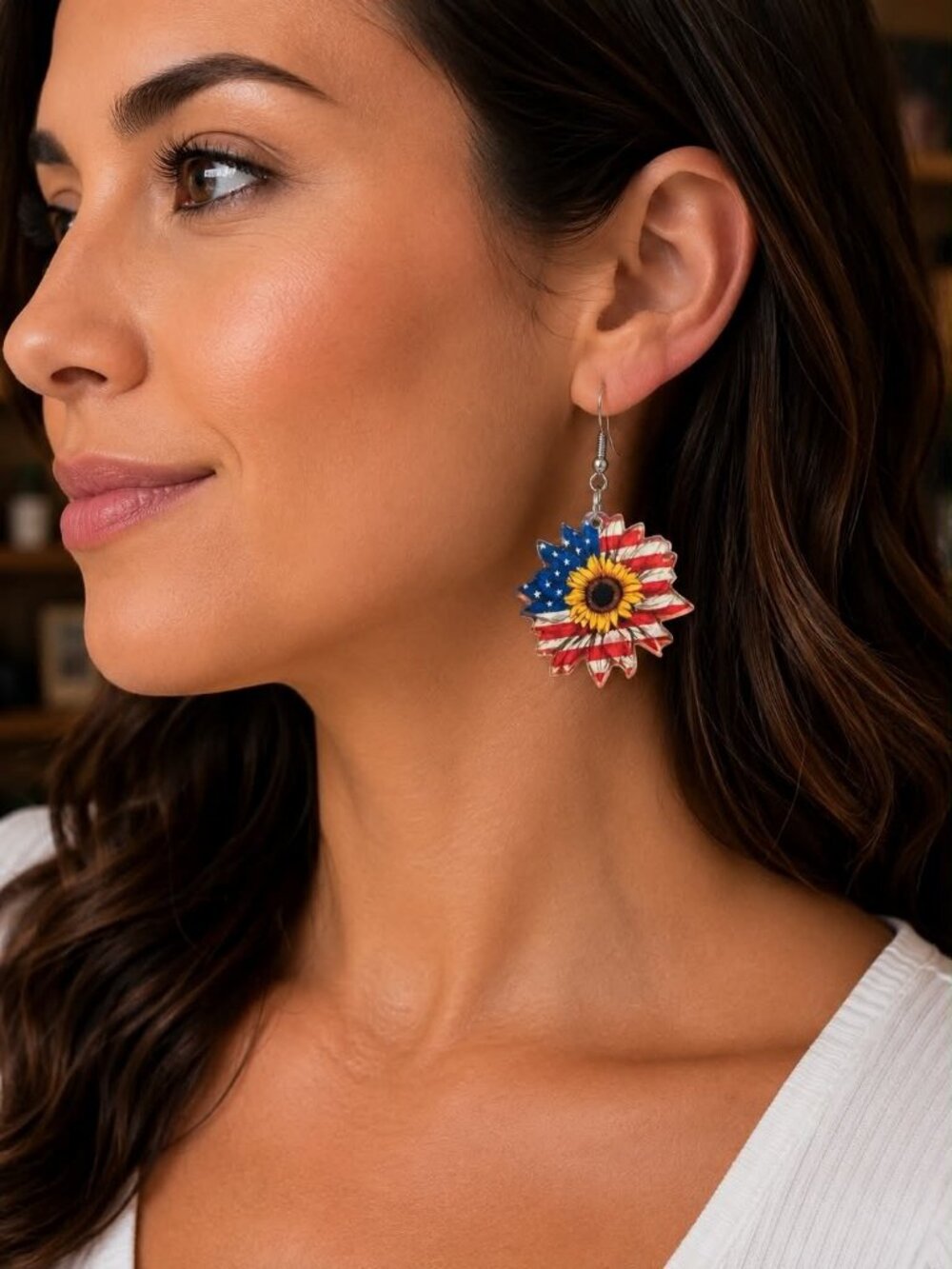 Patriotic Sunflower American Flag Dangle Earrings